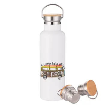 Outerbanks Pogue Life, Stainless steel White with wooden lid (bamboo), double wall, 750ml