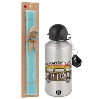 Outerbanks Pogue Life, Easter Set, metallic silver aluminum water bottle (500ml) & scented flat Easter candle (30cm) (TURQUOISE)