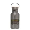 Stainless steel metallic thermos flask, silver with a bamboo lid, double-walled, 350ml.