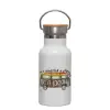 Metallic thermos (Stainless steel) White with wooden lid (bamboo), double-walled, 350ml