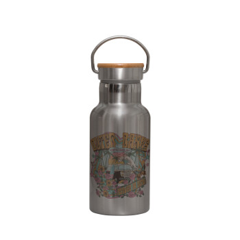 Outerbanks paradise on earth, Stainless steel metallic thermos flask, silver with a bamboo lid, double-walled, 350ml.