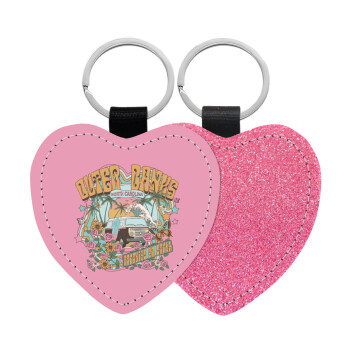 Outerbanks paradise on earth, Μπρελόκ PU δερμάτινο glitter καρδιά ΡΟΖ