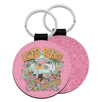 Outerbanks paradise on earth, Μπρελόκ Δερματίνη, στρογγυλό ΡΟΖ (5cm)