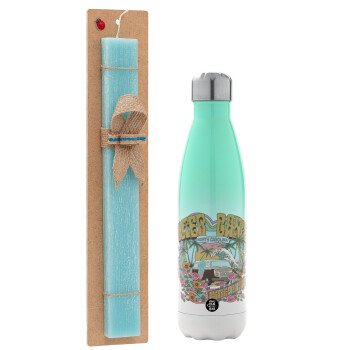 Outerbanks paradise on earth, Easter Set, Metallic green/white thermos (Stainless steel), double-walled, 500ml & scented flat Easter candle (30cm) (TURQUOISE)