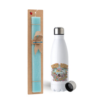 Outerbanks paradise on earth, Easter Set, metallic stainless steel water bottle (750ml) & aromatic flat Easter candle (30cm) (TURQUOISE)