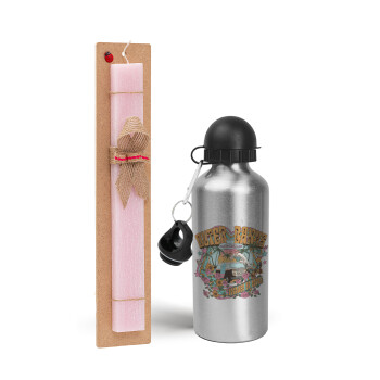 Outerbanks paradise on earth, Easter Set, metallic Silver aluminum water bottle (500ml) & scented flat Easter candle (30cm) (PINK)