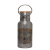 Stainless steel metallic thermos flask, silver with a bamboo lid, double-walled, 350ml.