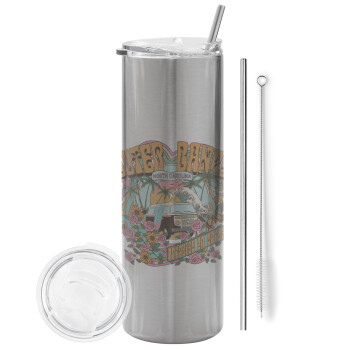 Outerbanks paradise on earth, Eco friendly stainless steel Silver tumbler 600ml, with metal straw & cleaning brush