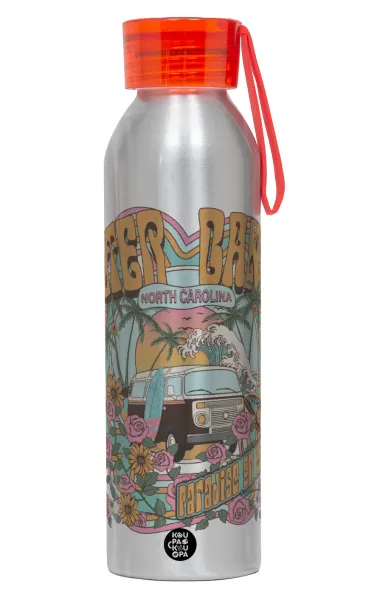 Outerbanks paradise on earth — Αλουμινένιο Αθλητικό Μπουκάλι 650ml – Ασημί με Κόκκινο Καπάκι και Λουράκι Σιλικόνης