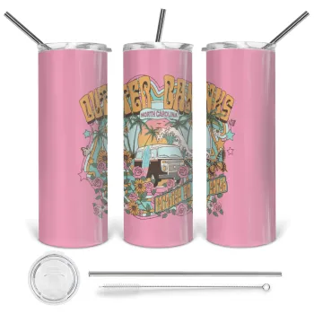 Outerbanks paradise on earth, Tumbler ποτήρι θερμό από ανοξείδωτο ατσάλι 600ml, με μεταλλικό καλαμάκι & βούρτσα καθαρισμού