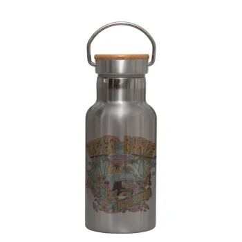 Outerbanks paradise on earth, Stainless steel metallic thermos flask, silver with a bamboo lid, double-walled, 350ml.