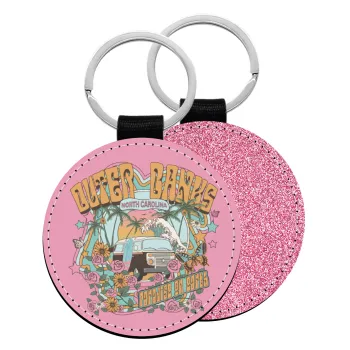 Outerbanks paradise on earth, Μπρελόκ Δερματίνη, στρογγυλό ΡΟΖ (5cm)