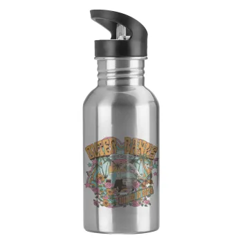 Outerbanks paradise on earth, Water bottle Silver with straw, stainless steel 600ml