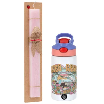 Outerbanks paradise on earth, Πασχαλινή Λαμπάδα με Παιδικό παγούρι θερμό, ανοξείδωτο, με καλαμάκι ασφαλείας, ροζ/μωβ (350ml) & κερί αρωματικό πλακέ (30cm) (ΡΟΖ)