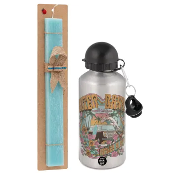 Outerbanks paradise on earth, Easter Set, metallic silver aluminum water bottle (500ml) & scented flat Easter candle (30cm) (TURQUOISE)