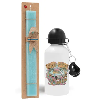 Outerbanks paradise on earth, Easter Set, metallic aluminum water bottle (500ml) & scented flat candle (30cm) (TURQUOISE)