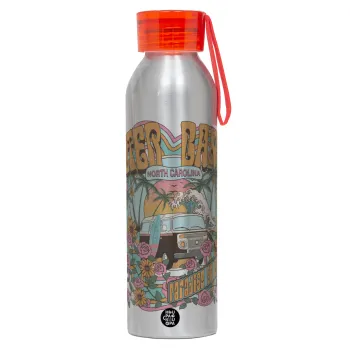 Outerbanks paradise on earth, Αλουμινένιο Αθλητικό Μπουκάλι 650ml – Ασημί με Κόκκινο Καπάκι και Λουράκι Σιλικόνης