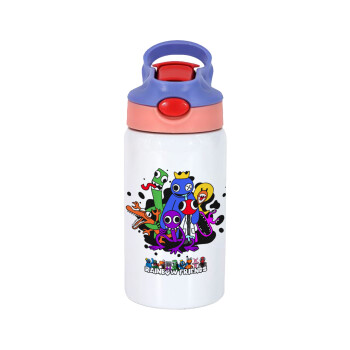 Rainbow friends, Children's hot water bottle, stainless steel, with safety straw, pink/purple (350ml)