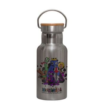 Rainbow friends, Stainless steel metallic thermos flask, silver with a bamboo lid, double-walled, 350ml.