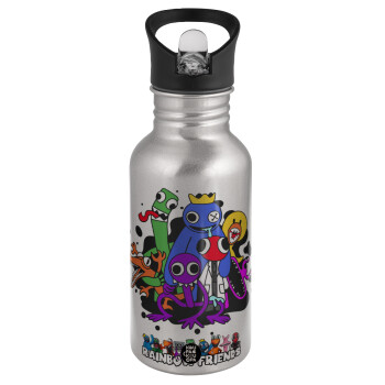 Rainbow friends, Water bottle Silver with straw, stainless steel 500ml