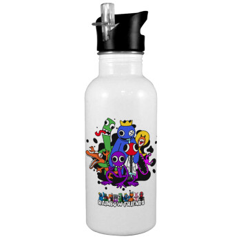 Rainbow friends, White water bottle with straw, stainless steel 600ml