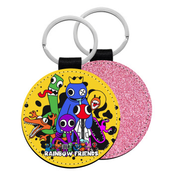 Rainbow friends, Μπρελόκ Δερματίνη, στρογγυλό ΡΟΖ (5cm)