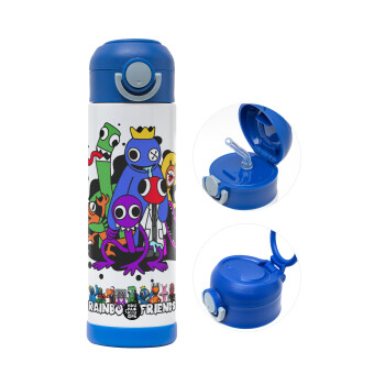 Rainbow friends, Children's hot water bottle, stainless steel, with safety straw, BLUE (500ml)