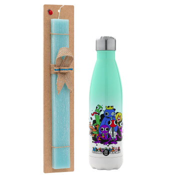 Rainbow friends, Easter Set, Metallic green/white thermos (Stainless steel), double-walled, 500ml & scented flat Easter candle (30cm) (TURQUOISE)