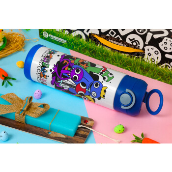 Rainbow friends, Easter candle, Childrens hot water bottle, stainless steel, with safety straw, BLUE (500ml)