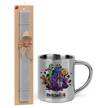 Rainbow friends, Easter Set, metallic thermal cup (300ml) & Easter aromatic flat candle (30cm) (GRAY)