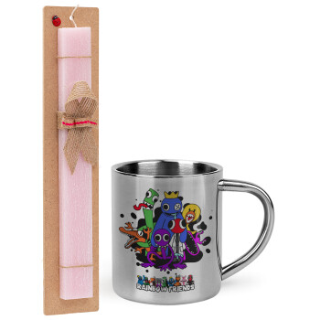 Rainbow friends, Easter Set, metallic thermal cup (300ml) & aromatic flat Easter candle (30cm) (PINK)