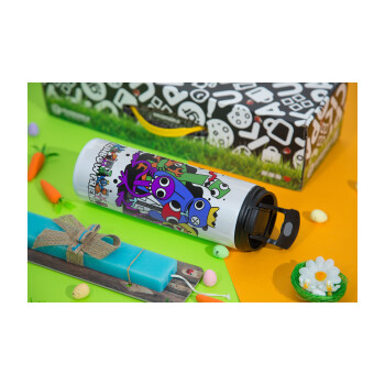 Rainbow friends, Easter candle,Travel Tumbler 2 Lids, with metal straw & cleaning brush & aromatic flat candle (30cm) (BLUE)