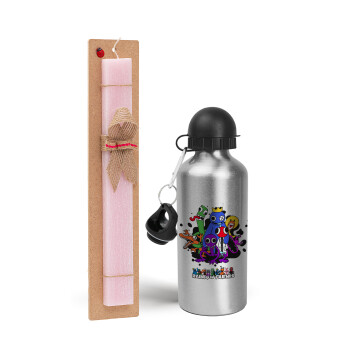 Rainbow friends, Easter Set, metallic Silver aluminum water bottle (500ml) & scented flat Easter candle (30cm) (PINK)