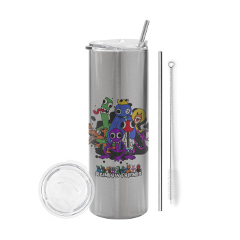 Rainbow friends, Eco friendly stainless steel Silver tumbler 600ml, with metal straw & cleaning brush