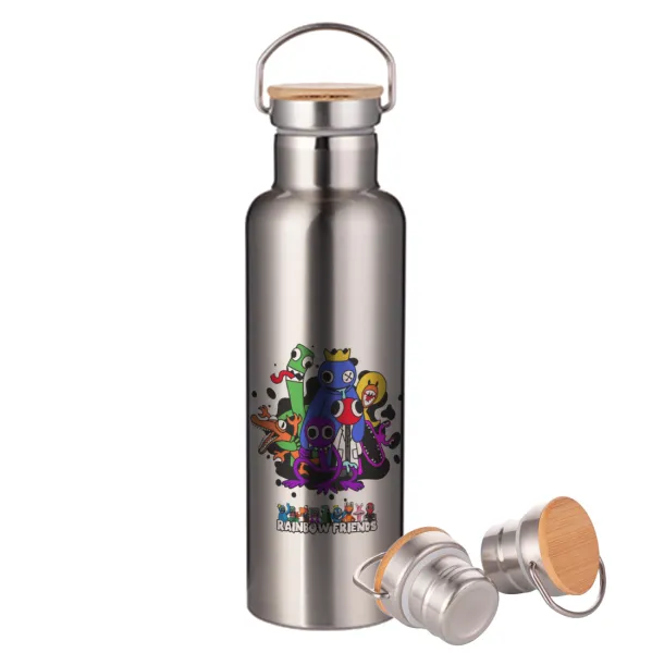 Rainbow friends — Stainless steel Silver with wooden lid (bamboo), double wall, 750ml