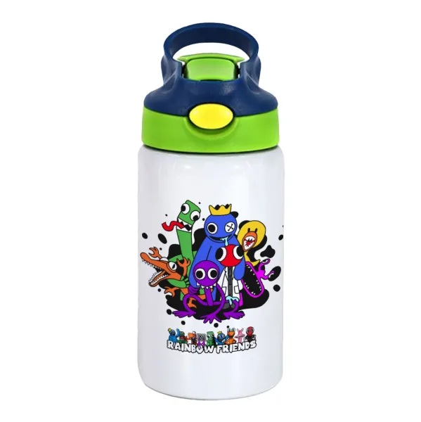 Rainbow friends — Children's hot water bottle, stainless steel, with safety straw, green, blue (350ml)