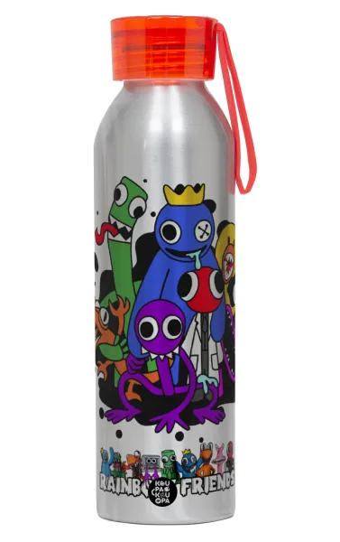 Rainbow friends — Aluminum Sports Bottle 650ml – Silver with Red Cap and Silicone Strap