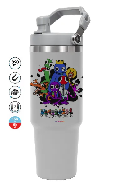 Rainbow friends — ΓΚΡΙ Travel Tumbler Θερμός με χερούλι και καλαμάκι 890ml