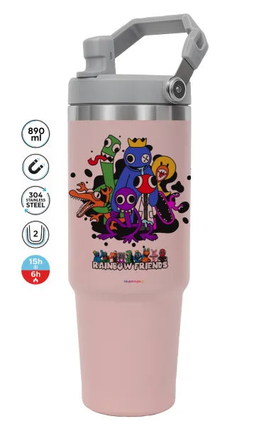 Rainbow friends — ΡΟΖ Travel Tumbler Θερμός με χερούλι και καλαμάκι 890ml