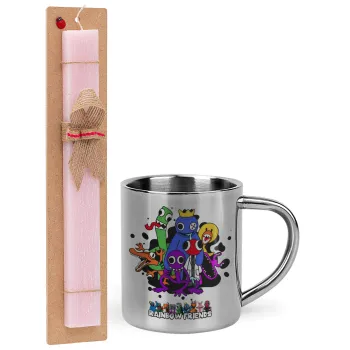 Rainbow friends, Easter Set, metallic thermal cup (300ml) & aromatic flat Easter candle (30cm) (PINK)