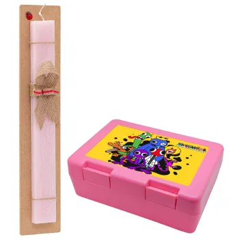 Rainbow friends, Easter Set, children's snack container PINK & scented flat Easter candle (30cm) (PINK)