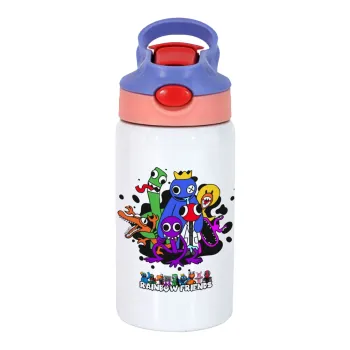 Rainbow friends, Children's hot water bottle, stainless steel, with safety straw, pink/purple (350ml)