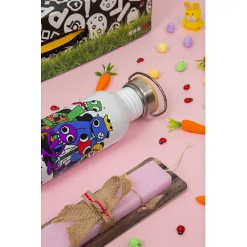 Rainbow friends, Easter Set, SS Metallic water bottle (620ml, stainless steel) & scented flat Easter candle (30cm) (PINK)