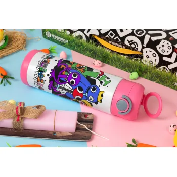 Rainbow friends, Easter candle, Childrens hot water bottle, stainless steel, with safety straw, PINK (500ml)