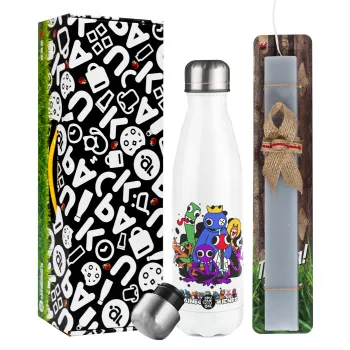 Rainbow friends, Easter candle, metallic white thermos bottle (500ml) & aromatic flat candle (30cm) (GRAY)