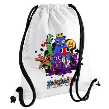 Rainbow friends, Τσάντα πλάτης πουγκί GYMBAG λευκή, με τσέπη (40x48cm) & χονδρά κορδόνια