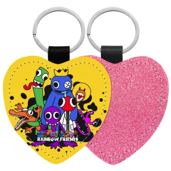 Rainbow friends, Μπρελόκ PU δερμάτινο glitter καρδιά ΡΟΖ