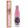 Easter Set, Metallic pink/white (Stainless steel) thermos, double-walled, 500ml & aromatic flat Easter candle (30cm) (PINK)