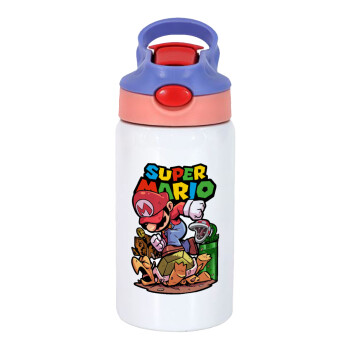Super mario Jump, Children's hot water bottle, stainless steel, with safety straw, pink/purple (350ml)
