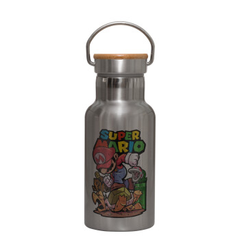 Super mario Jump, Stainless steel metallic thermos flask, silver with a bamboo lid, double-walled, 350ml.